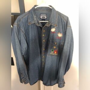 Embroidered Denim Button Down Shirt - Blue